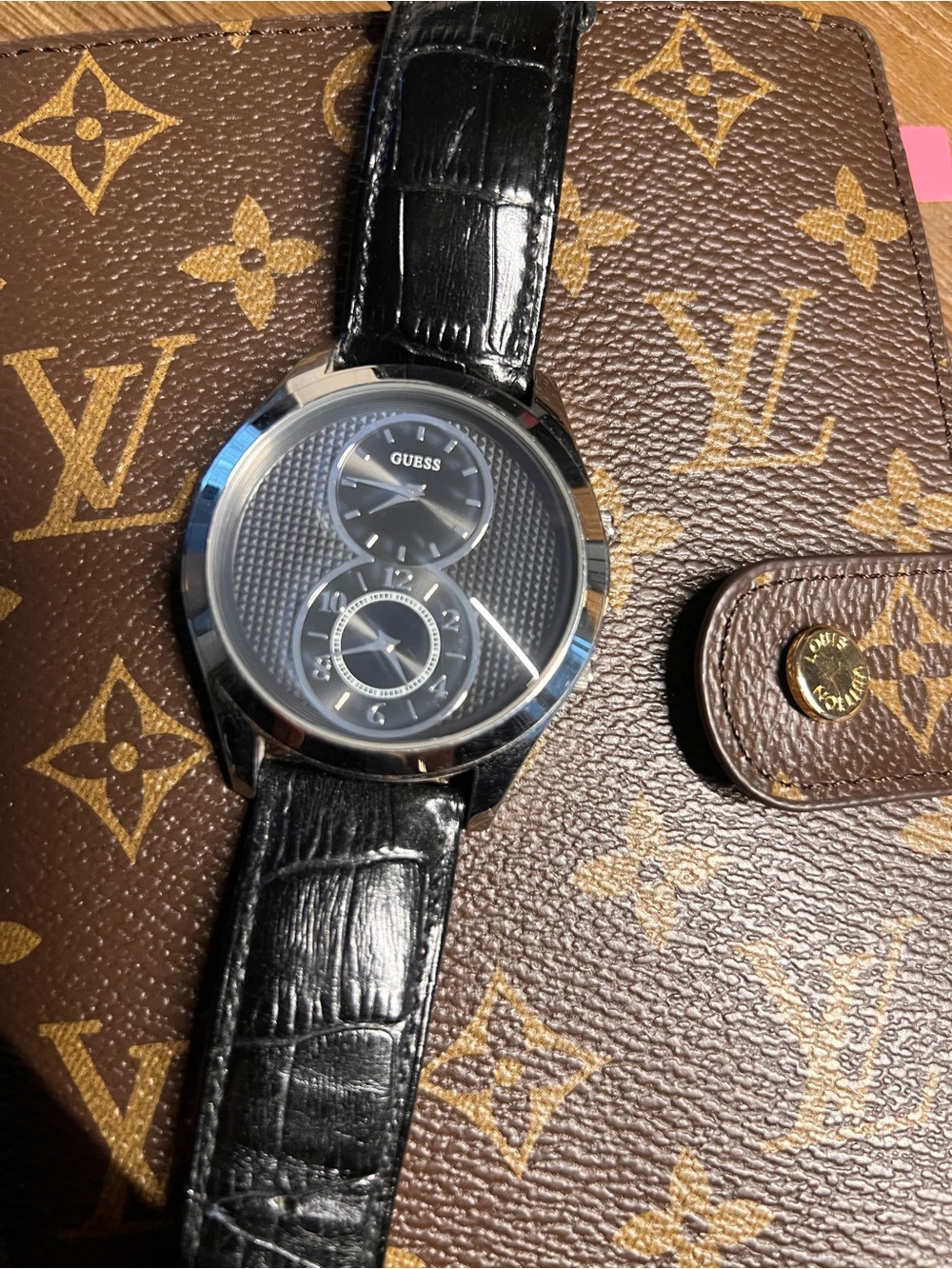 GUESS Black Leather Strap Dual-Dial Men’s Watch